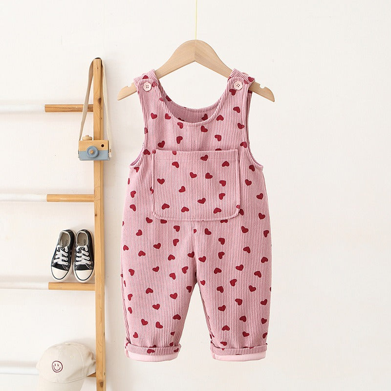 Girls Heart Print Corduroy Overalls