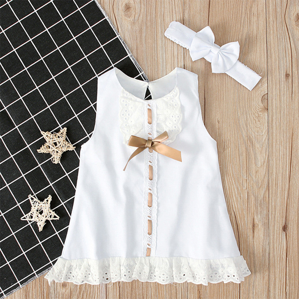 Summer Girls' Sleeveless Bow Dress with Headband Set