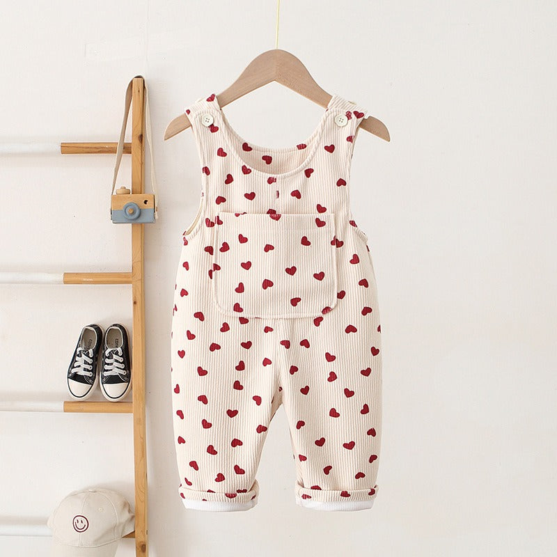 Girls Heart Print Corduroy Overalls