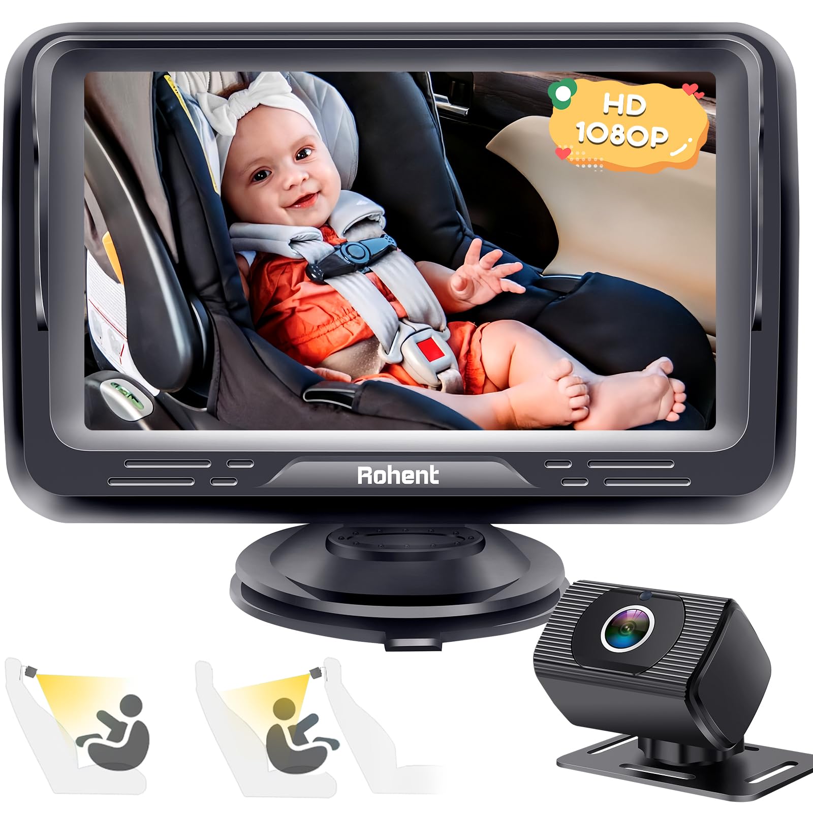 Rohent Baby Car Camera HD 1080P - Rear-Facing Infant Monitor with Night Vision 150° Wide-Angle Lens Anti-Glare Screen Easy Install 360° Adjustable Display