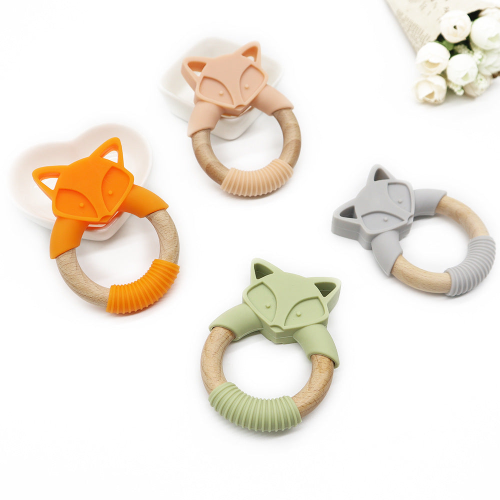 Silicone Fox Baby Teether with Wooden Ring