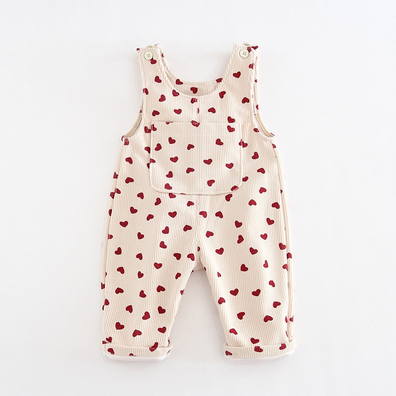 Girls Heart Print Corduroy Overalls