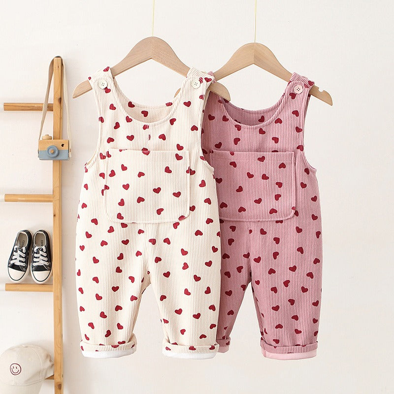 Girls Heart Print Corduroy Overalls